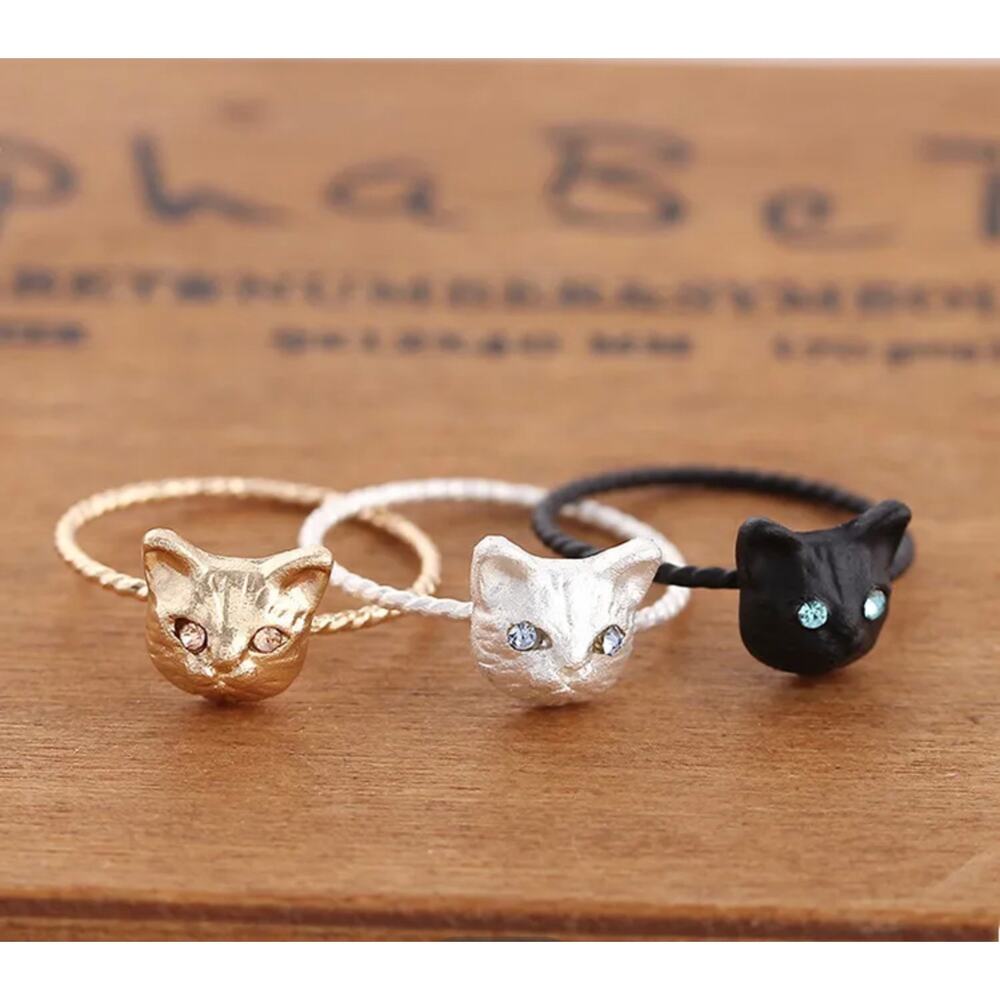 Silver Cat Head with Rhinestone Eyes on Twisted Rope Ring NEW 100% to Charity - Picture 7 of 8
